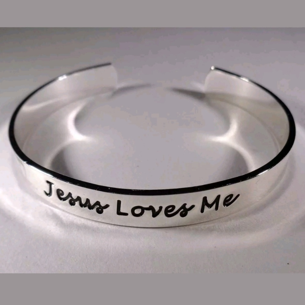 RHODIUM JESUS LOVES ME SILVER CUFF BRACELET - Picture 2 of 3